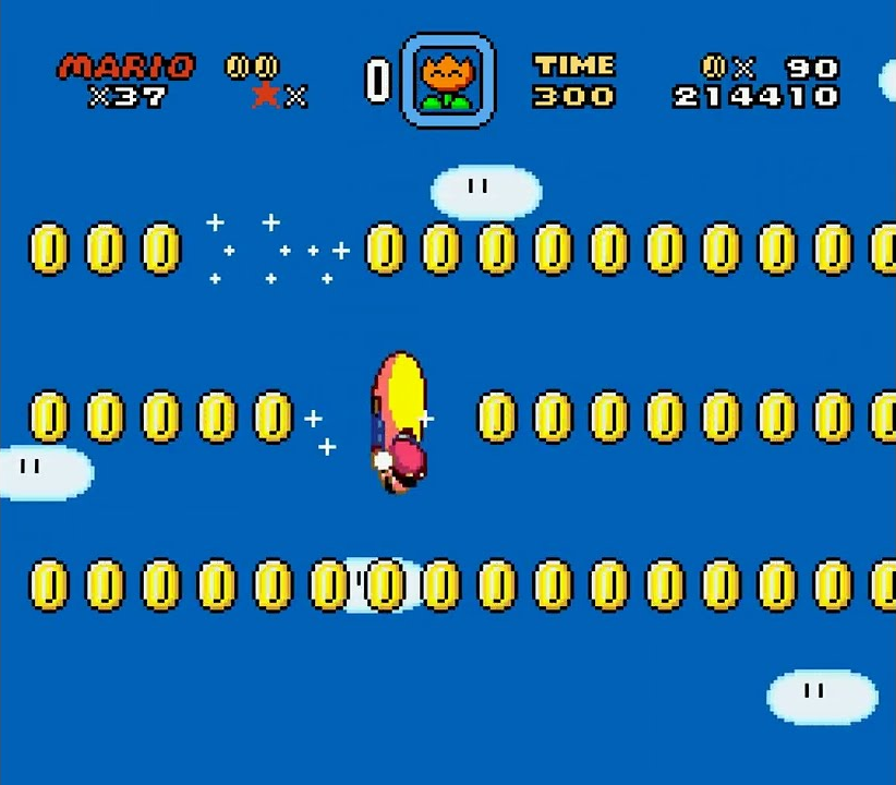 Uma fase do Super Mario World, com Mario no Yoshi e o céu cheio de moedas